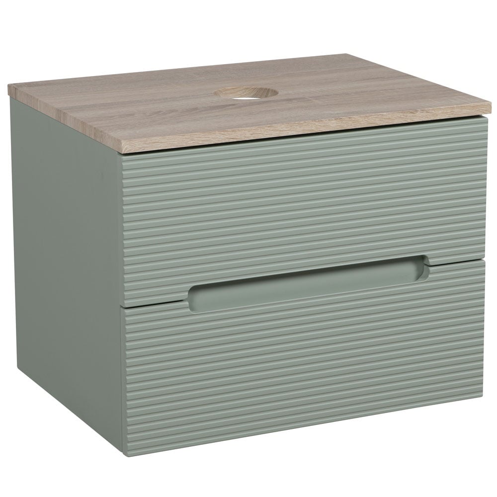 Astini Monza Plus 600mm Aloe Green/Contry Oak Fluted Wall Hung Vanity Unit With Counter Top