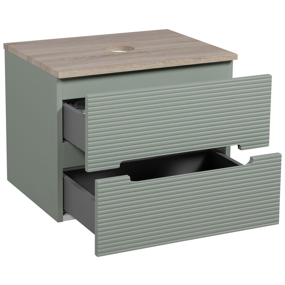 Astini Monza Plus 600mm Aloe Green/Contry Oak Fluted Wall Hung Vanity Unit With Counter Top