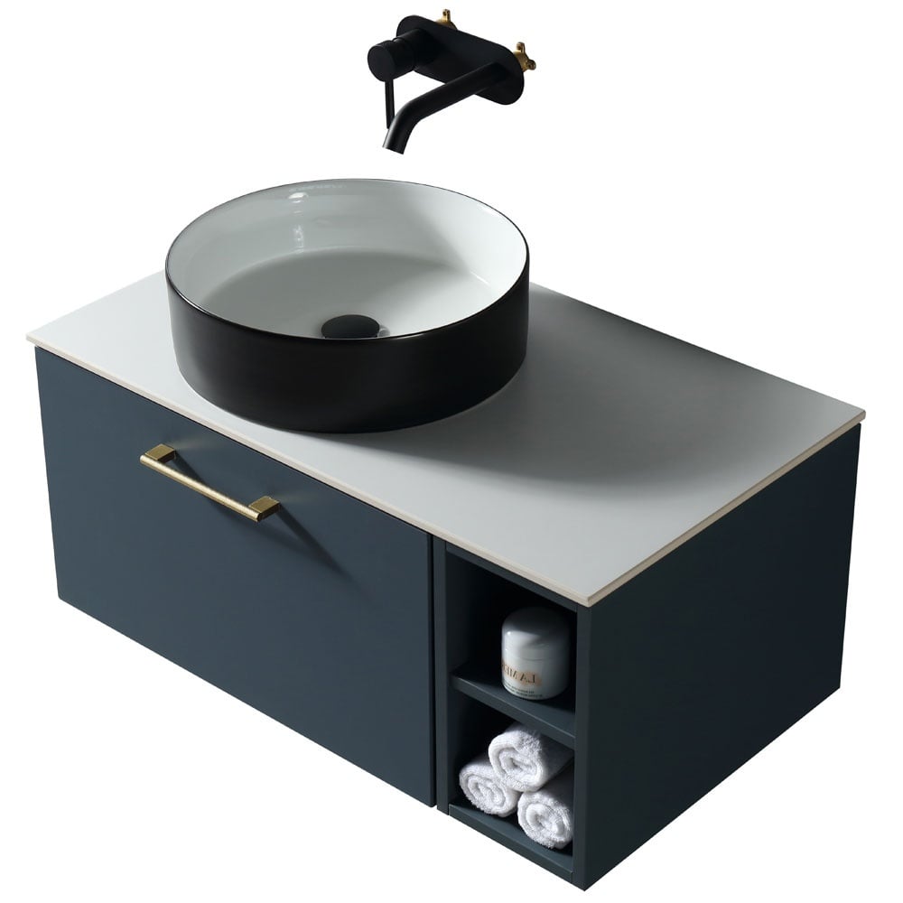 Astini Piatta 800mm Midnight Shadow Wall Hung Vanity W/ LH Side Storage & Counter Top