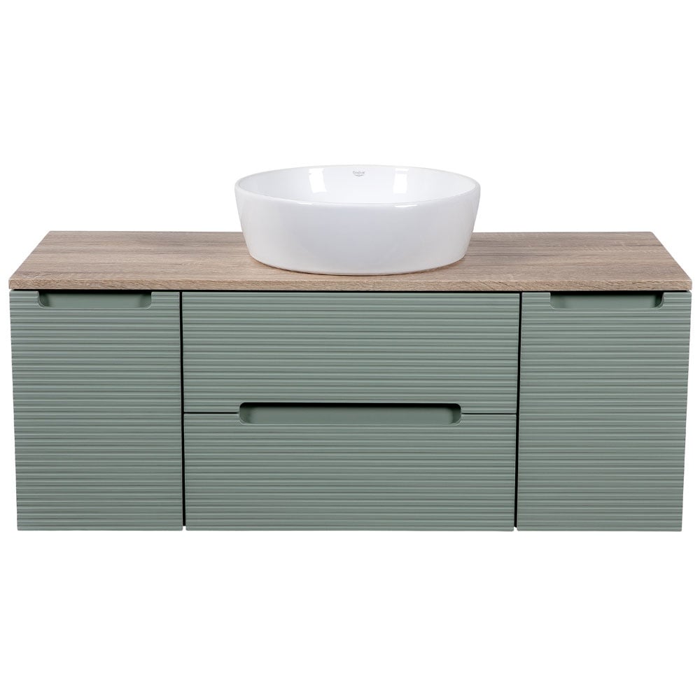 Astini Monza Plus 1200mm Aloe Green/Contry Oak Fluted Wall Hung Vanity Unit With 2 Side Cabinets & Counter Top