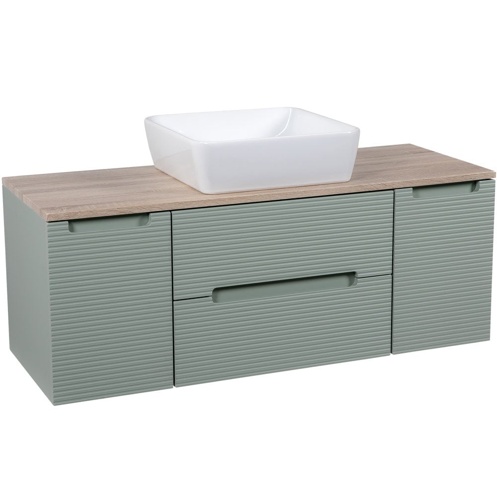 Astini Monza Plus 1200mm Aloe Green/Contry Oak Fluted Wall Hung Vanity Unit With 2 Side Cabinets & Counter Top