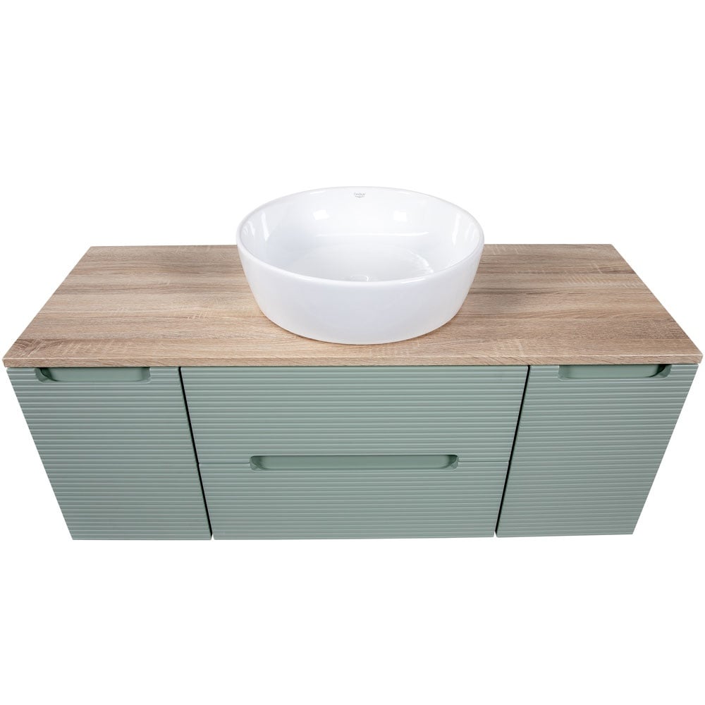 Astini Monza Plus 1200mm Aloe Green/Contry Oak Fluted Wall Hung Vanity Unit With 2 Side Cabinets & Counter Top