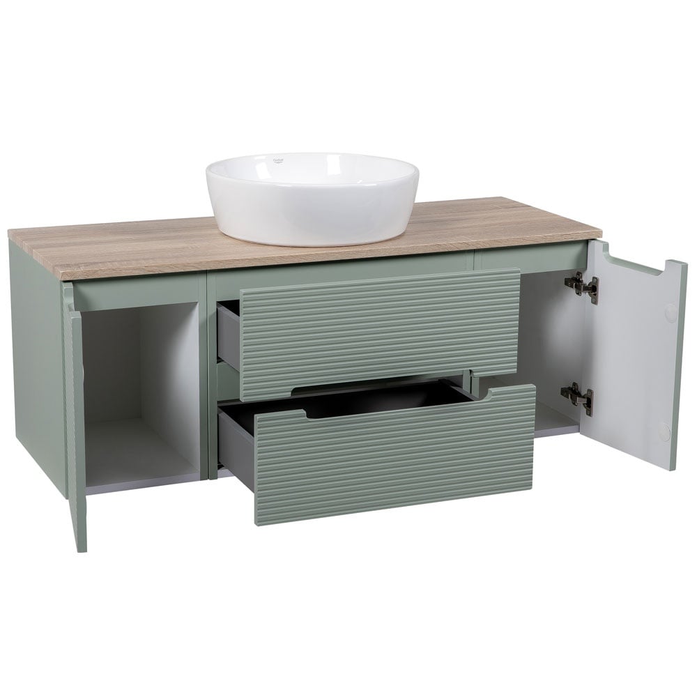 Astini Monza Plus 1200mm Aloe Green/Contry Oak Fluted Wall Hung Vanity Unit With 2 Side Cabinets & Counter Top
