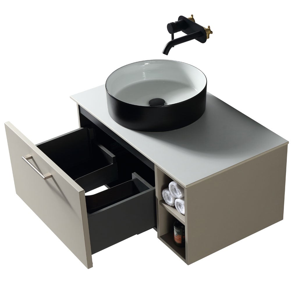 Astini Piatta 800mm Soft Coffee Wall Hung Vanity W/ LH Side Storage & Counter Top