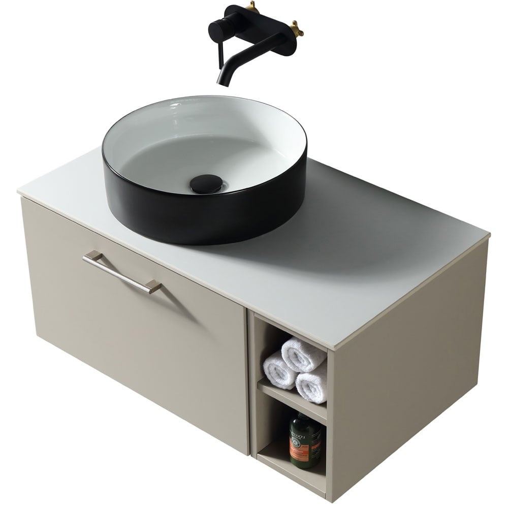 Astini Piatta 800mm Soft Coffee Wall Hung Vanity W/ LH Side Storage & Counter Top