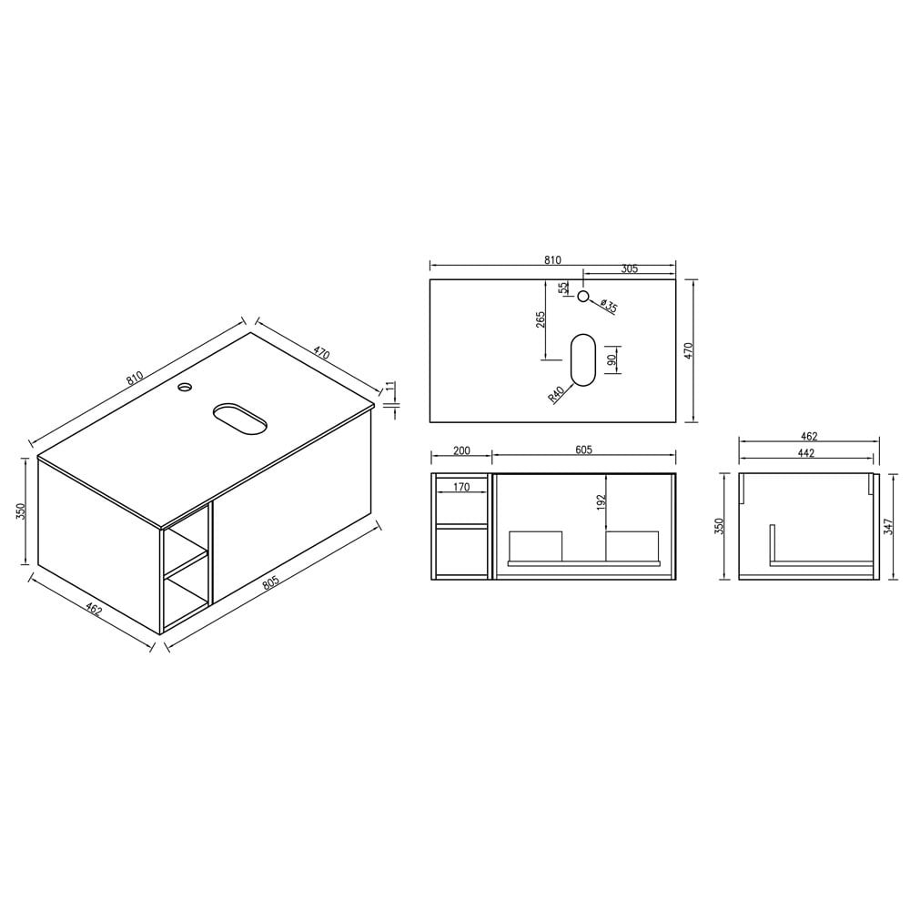 Astini Flauto 800mm Wall Hung Vanity Unit W/ Side Storage & RH Counter Top