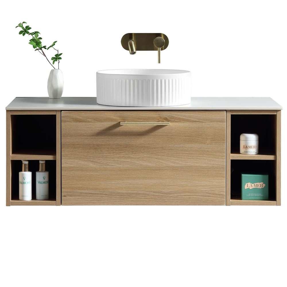 Astini Piatta 1000mm Country Oak Wall Hung 2 Side Storage Vanity Unit With Counter Top