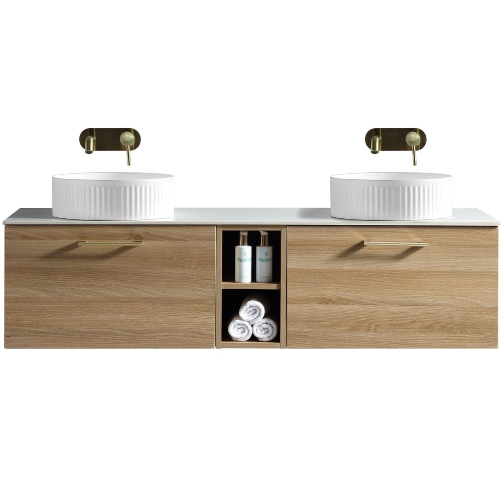 Astini Piatta 1400mm Country Oak Wall Hung Double Vanity W/ Storage Box & Counter Top