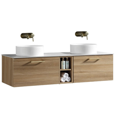 Astini Piatta 1400mm Country Oak Wall Hung Double Vanity W/ Storage Box & Counter Top