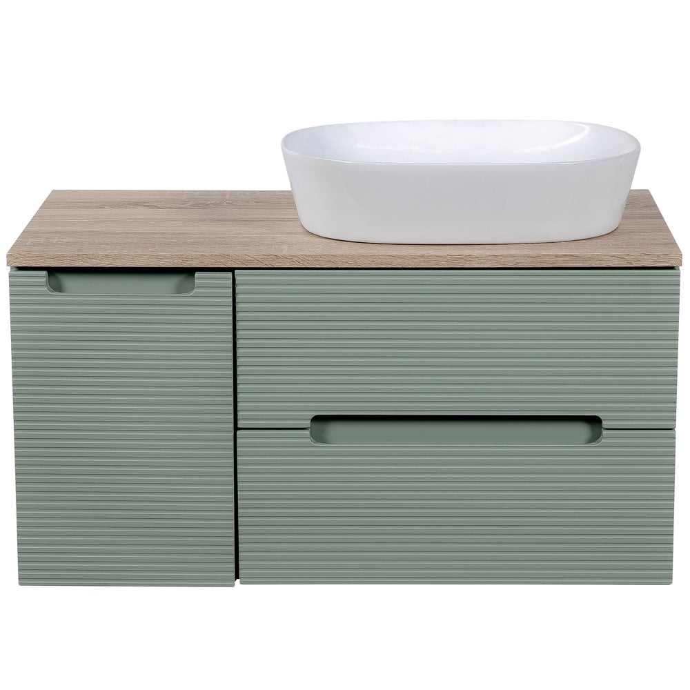 Astini Monza Plus 900mm Aloe Green/Contry Oak Fluted Wall Hung Vanity Unit With Side Cabinets & Counter Top