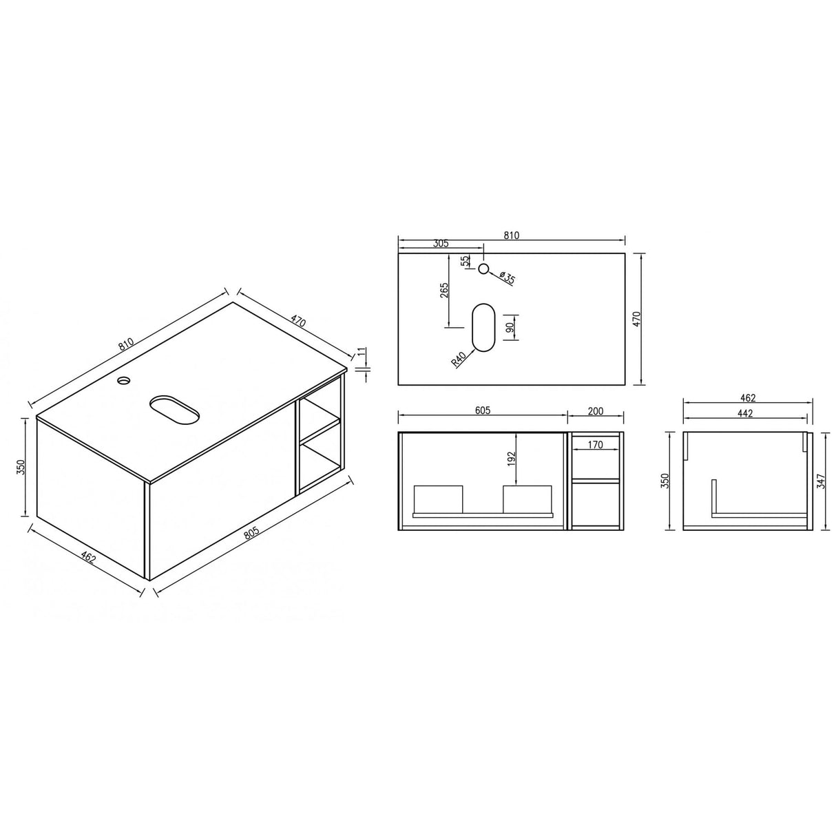 Astini Piatta 800mm Smoked Sage Wall Hung Vanity W/ LH Side Storage & Counter Top