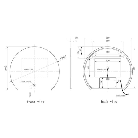 Astini Olive Semi Circle White 700mm LED Tuch Mirror