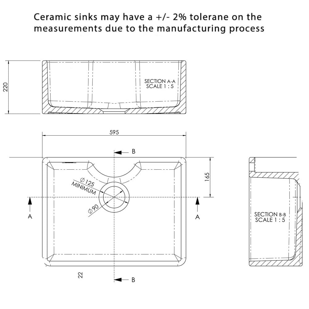 LSC Butler 595 1.0 Bowl White Ceramic Kitchen Sink with Tap Ledge & Gold Waste