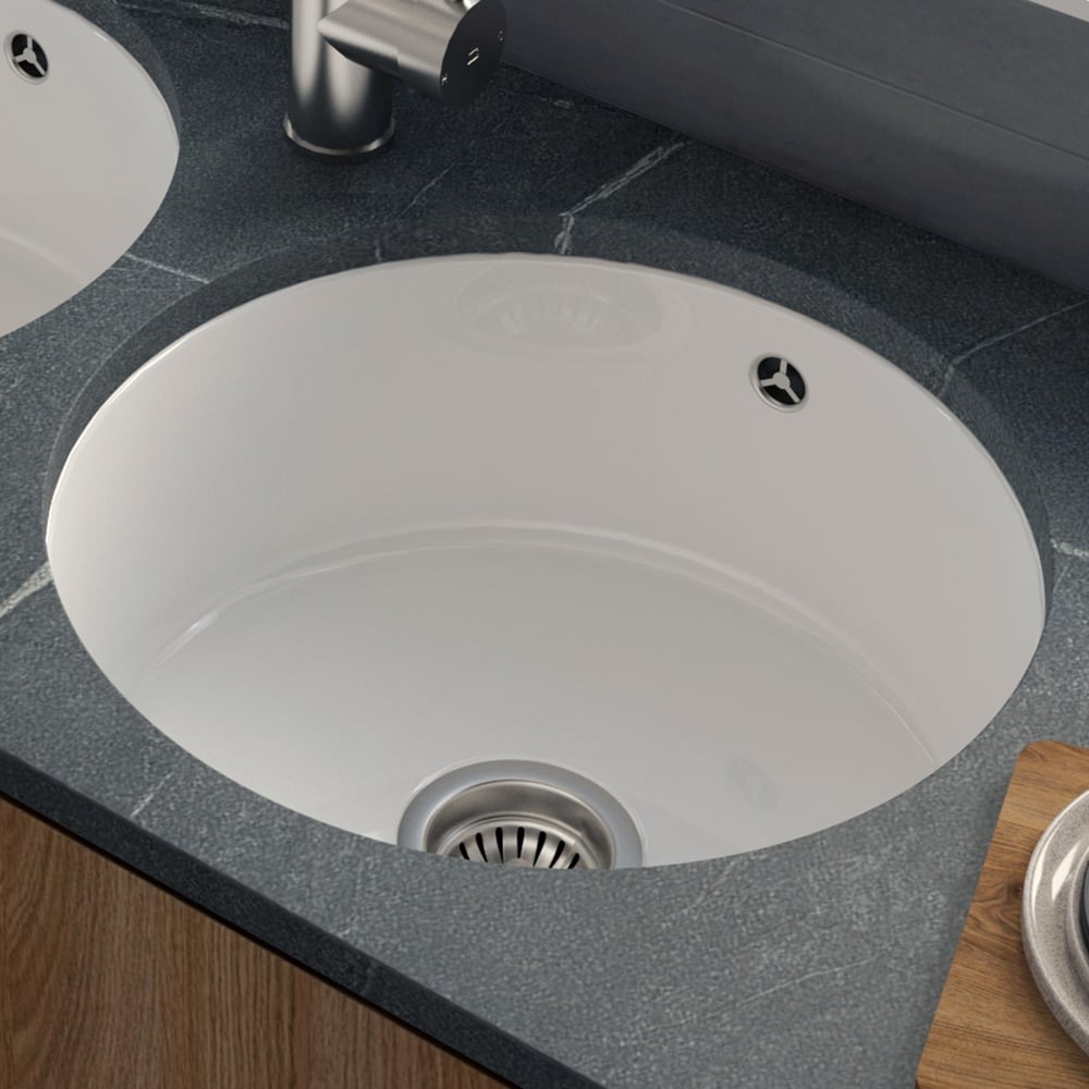 Astini Round Inset/Undermount 460 1.0 Bowl White Ceramic Kitchen Sink with Waste & Overflow