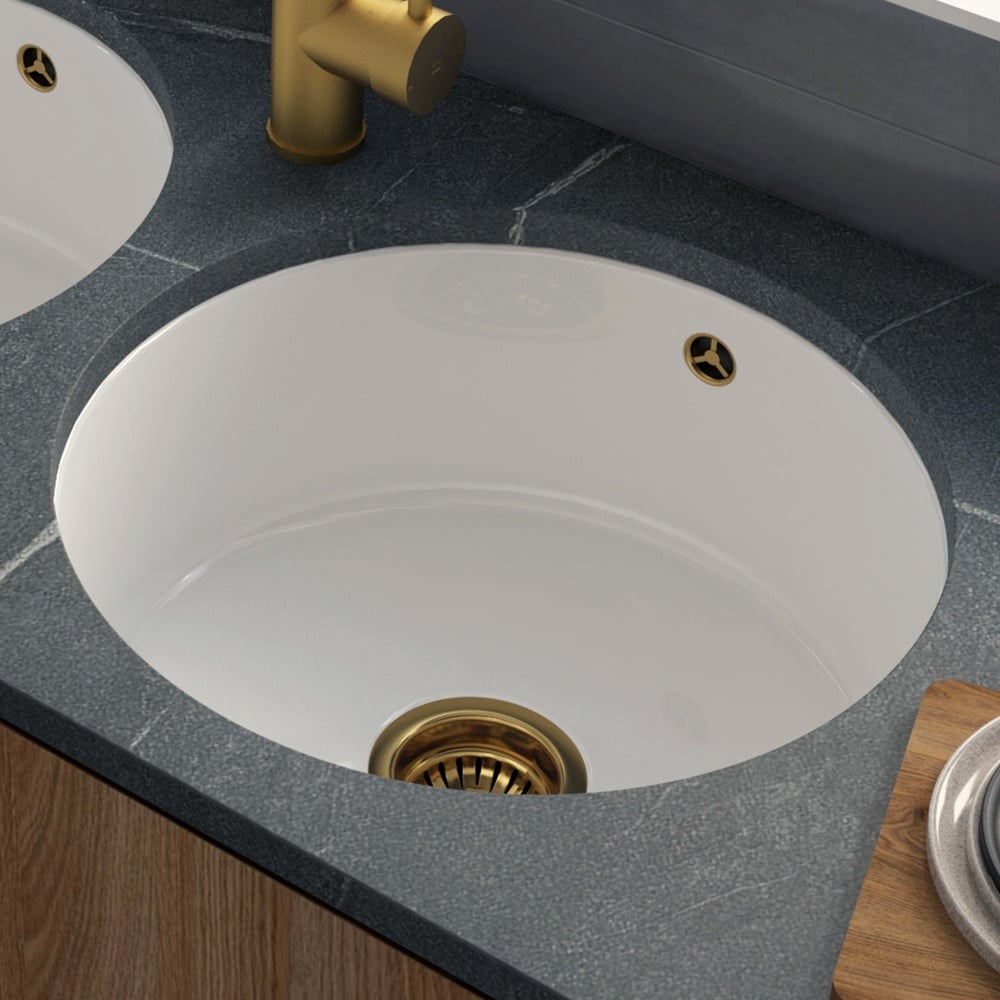 Astini Round Inset/Undermount 460 1.0 Bowl White Ceramic Kitchen Sink with Waste & Overflow