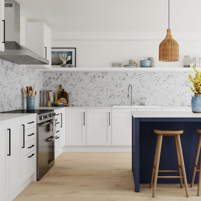Wilsonart Alloy Carrara Marble Herringbone Aluminium Feature Kitchen Splashback
