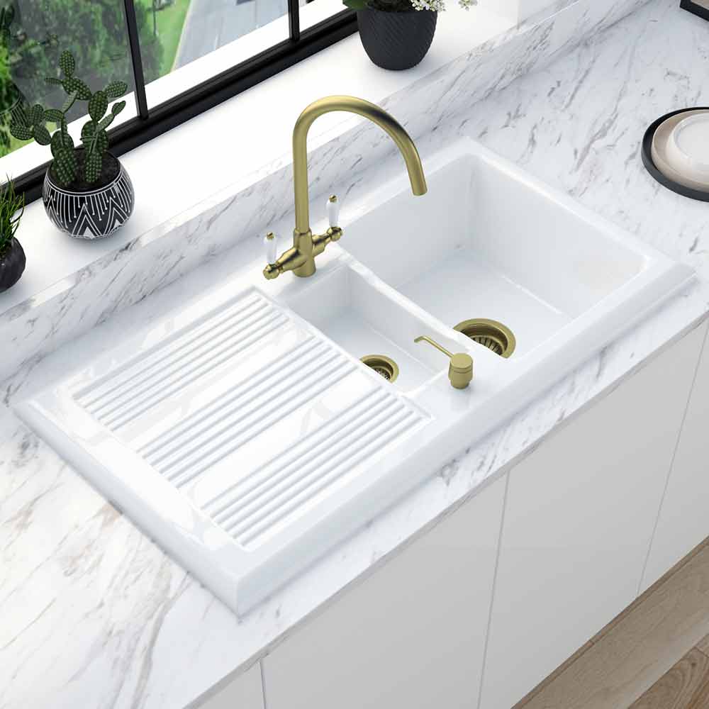 Astini Canterbury 150 1.5 Bowl Gloss White Ceramic Kitchen Sink with Waste Options