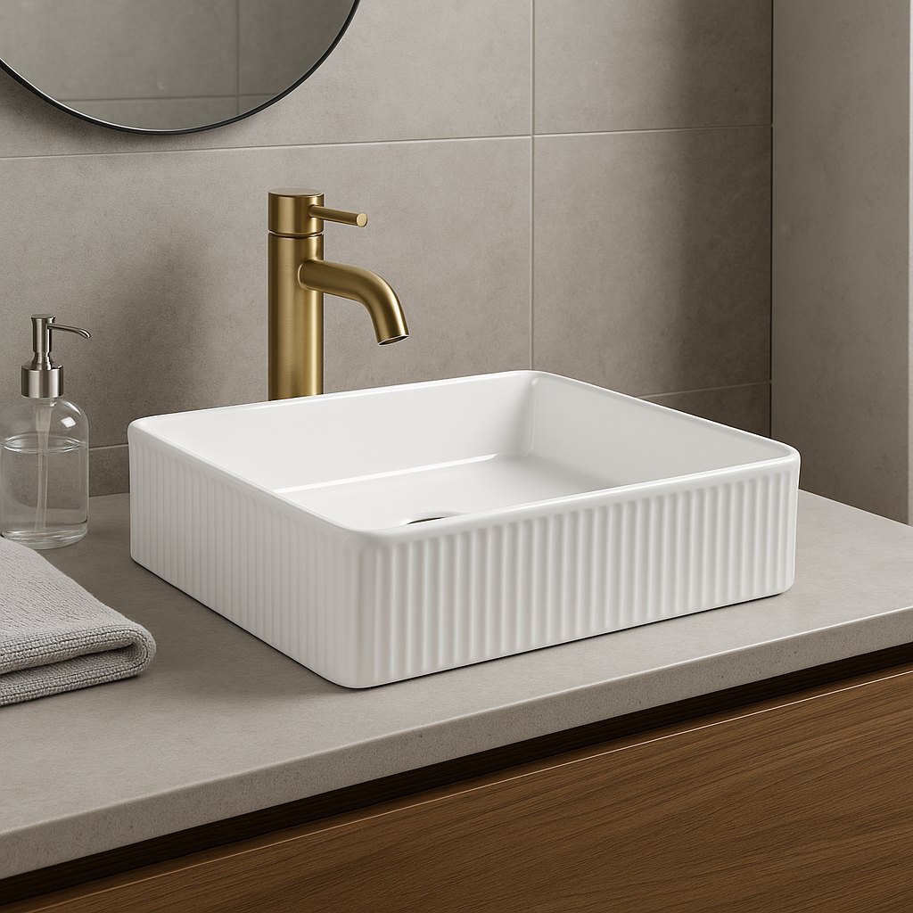 Astini Flauto 405x405 Fluted Gloss White Square Countertop Basin
