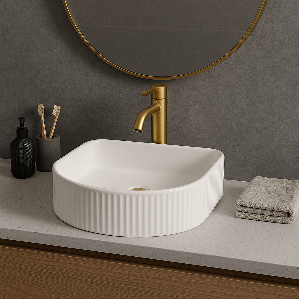 Astini Flauto D-Shape Fluted Gloss White Countertop Basin