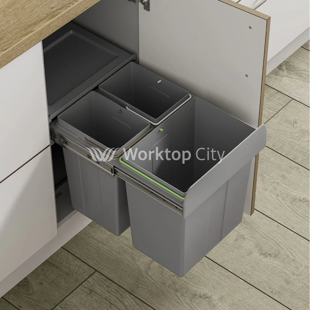 Innostor Pull Out Waste Bin Base Mounted Segregated 40 Litre Capacity 2 x 10 Litre and 1 x 20 Litre To Suit Minimum
